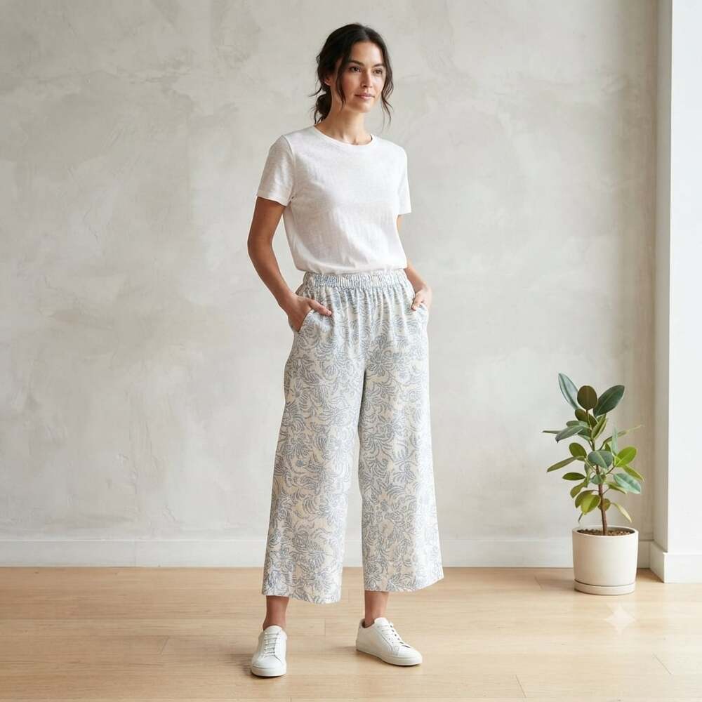 Aegean 100% Linen Floral Print Elastic Waist Wide Leg Crop Pants M